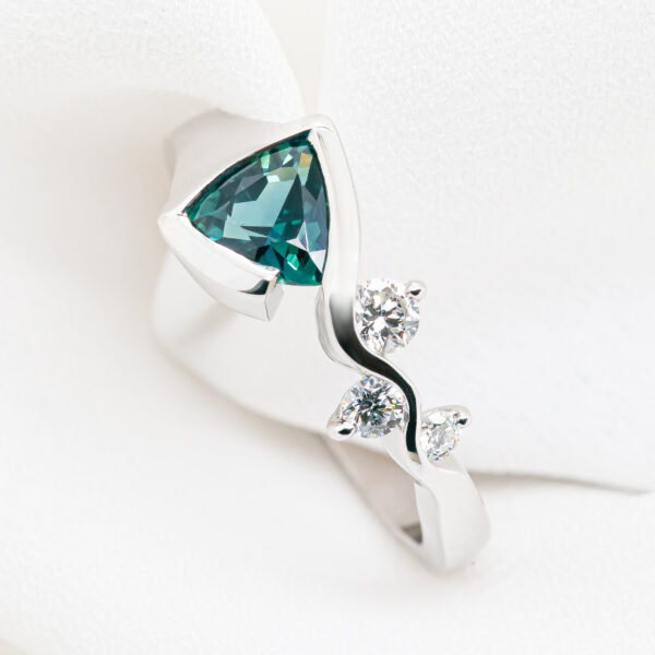 Australian Tri-Cut Green-Blue Sapphire Ring with Diamonds in White Gold by World Treasure Designs