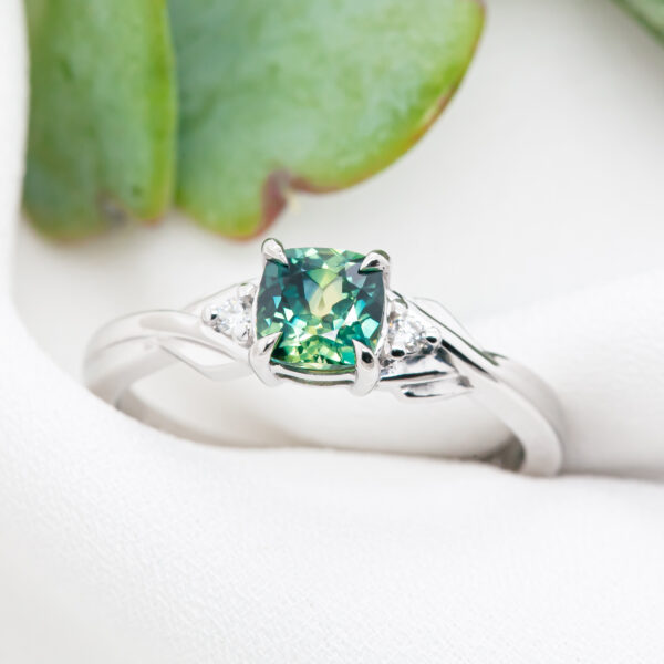 Green Parti Australian Sapphire Ring in White Gold by World Treasure Designs