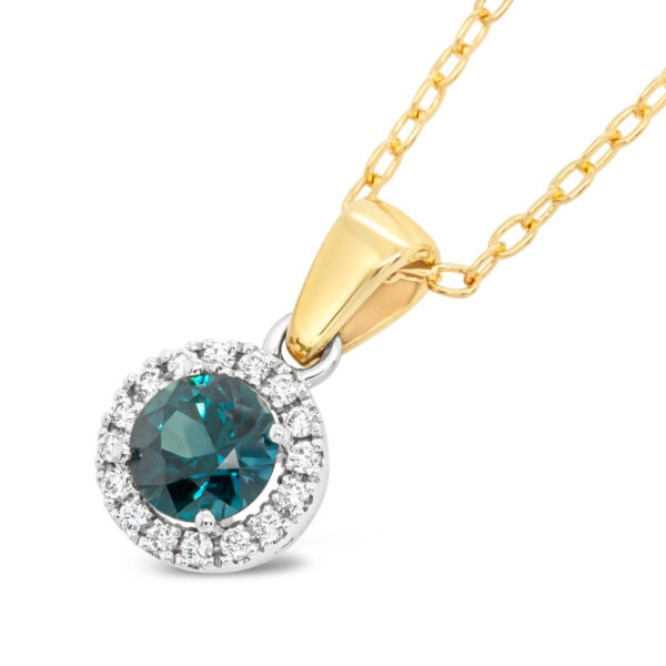 Australian Blue Sapphire Necklace Pendant with Diamond Halo in Yellow and White Gold by World Treasure Designs