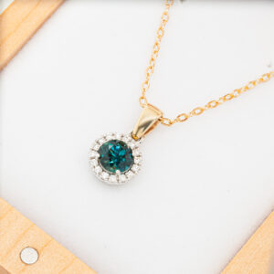 Australian Blue Sapphire Necklace Pendant with Diamond Halo in Yellow and White Gold by World Treasure Designs