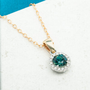 Australian Blue Sapphire Pendant Necklace with Diamond Halo in Yellow and White Gold by World Treasure Designs