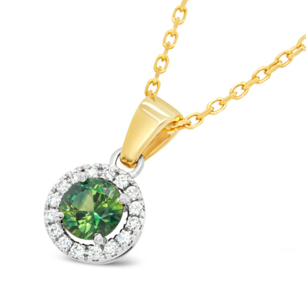 Australian Green Sapphire Necklace Pendant Diamond Halo in Yellow and White Gold by World Treasure Designs
