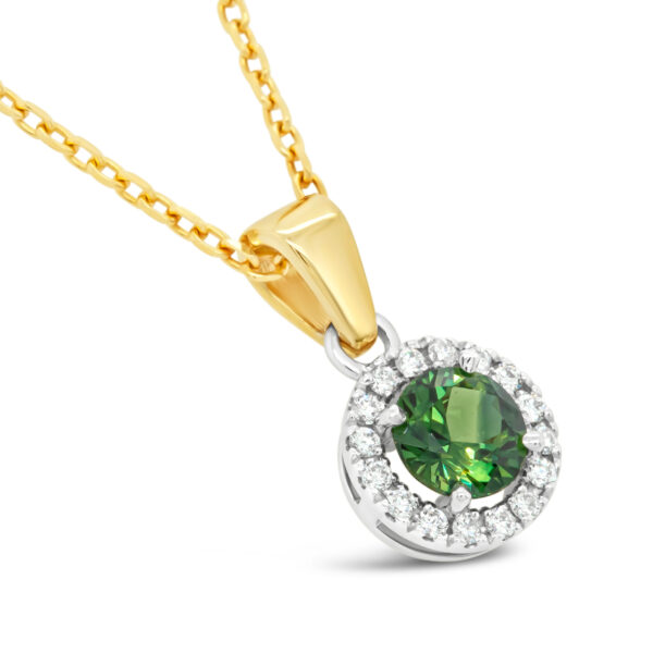 Australian Green Sapphire Necklace with Diamond Halo in Yellow and White Gold by World Treasure Designs