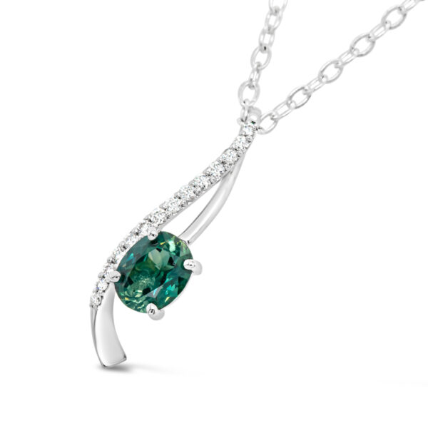 Australian Teal Sapphire Necklace with Twist Pendant in White Gold by World Treasure Designs