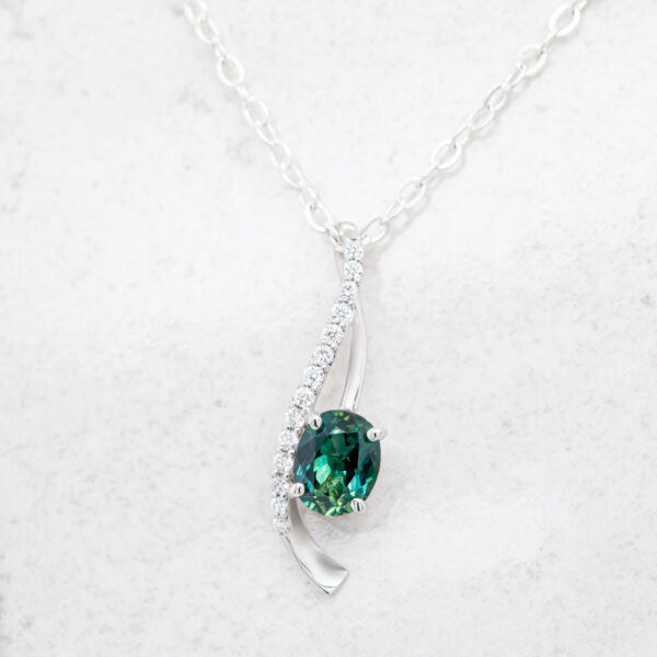 Australian Teal Sapphire Pendant with a Twist in White Gold by World Treasure Designs