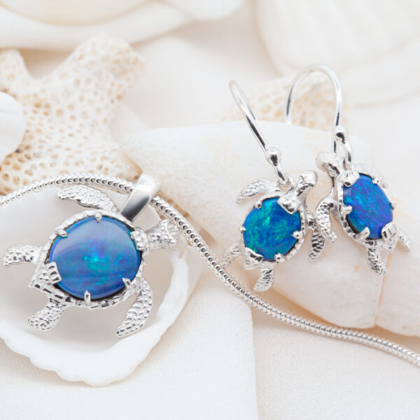 Blue Sea Turtle Opal Necklace and Sea Turtle Opal Earrings in Sterling Silver by World Treasure Designs