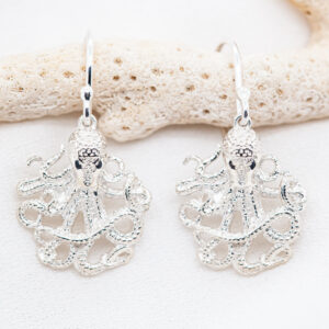 Octopus Earrings laying down in Sterling Silver by World Treasure Designs