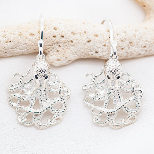 Octopus Earrings laying down in Sterling Silver by World Treasure Designs
