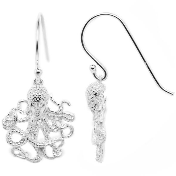 Octopus Earrings Side Image in Sterling Silver by World Treasure Designs