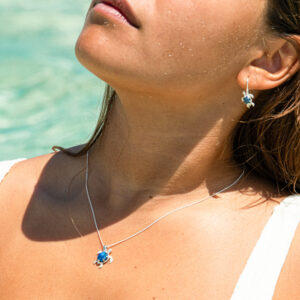 Blue Sea Turtle Opal Necklace and Sea Turtle Opal Earrings in Sterling Silver by World Treasure Designs