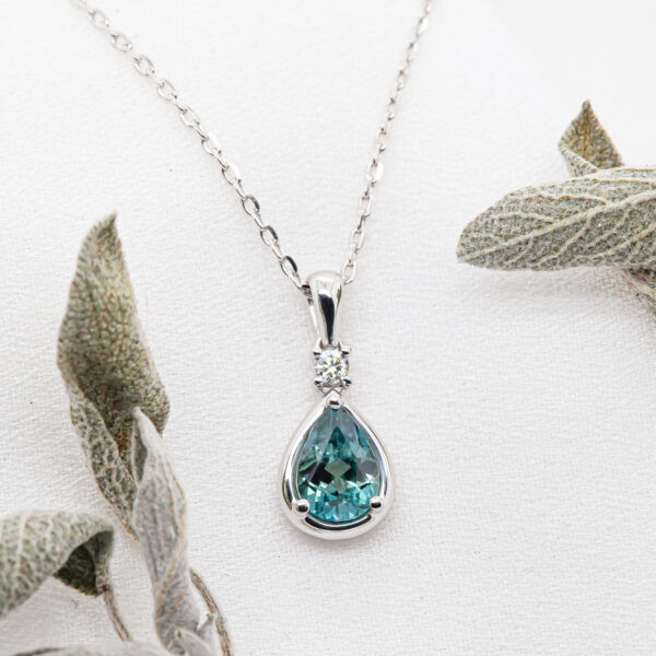 Australian Pear Cut Blue Sapphire Pendant Necklace with Diamond in White Gold by World Treasure Designs