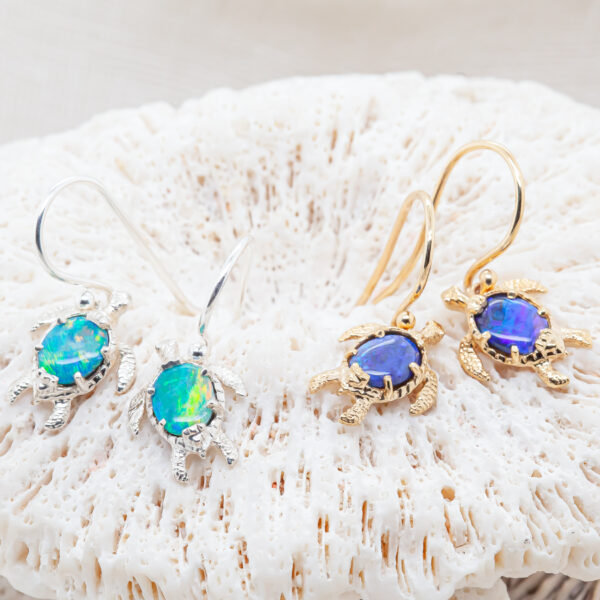 Sea Turtle Opal Earrings in Sterling Silver and Yellow Gold by World Treasure Designs