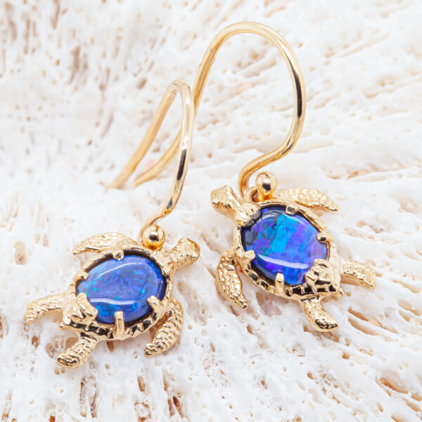 Sea Turtle Opal Earrings in Yellow Gold by World Treasure Designs