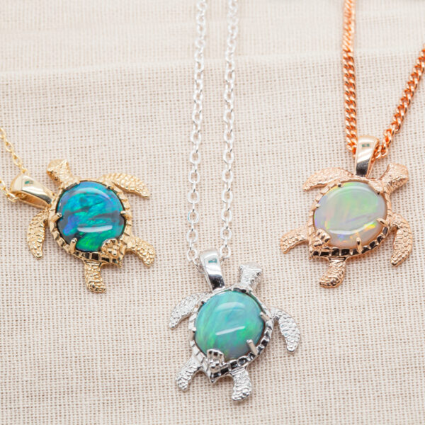 Sea Turtle Opal Necklace in Yellow Gold, Rose Gold, and Sterling Silver by World Treasure Designs