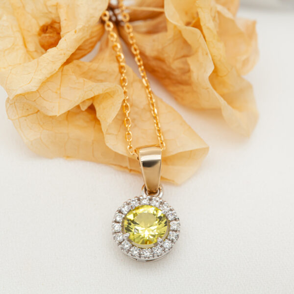 Australian Yellow Sapphire Pendant and Diamond Halo in Yellow and White Gold by World Treasure Designs