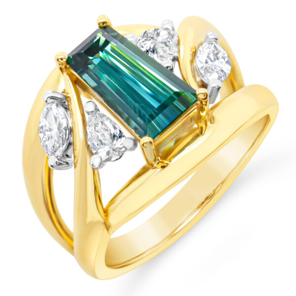Australian Teal Baguette Cut Sapphire Ring with Diamonds in Yellow Gold by World Treasure Designs