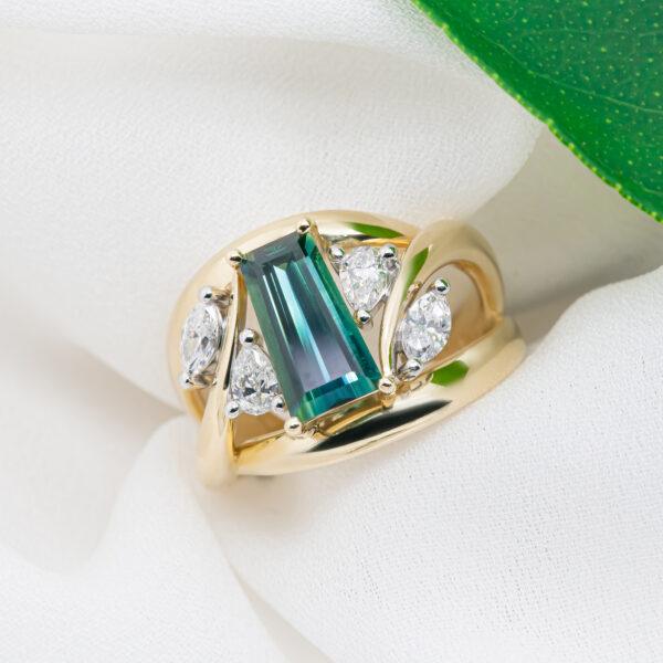 Baguette Teal Australian Sapphire with Marquise and Pear Cut Diamonds in Yellow Gold by World Treasure Designs