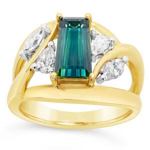 Australian Teal Baguette Cut Sapphire Ring with Marquise and Pear Cut Diamonds in Yellow Gold by World Treasure Designs