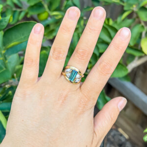 Australian Teal Parti Sapphire Ring with Marquese Diamonds and Pear Diamonds in Yellow Gold by World Treasure Designs