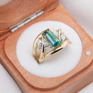 Large Australian Baguette Teal Parti Sapphire with Marquise and Pear Diamonds in Yellow Gold by World Treasure Designs