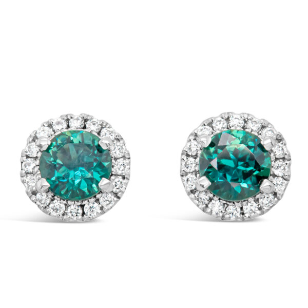 Australian Blue-Green Parti Sapphire Stud Earrings with Diamond Halo in White Gold by World Treasure Designs