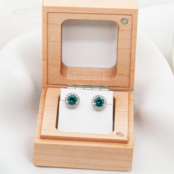 Australian Blue-Green Parti Sapphire Stud Earrings Diamond Halo in White Gold by World Treasure Designs