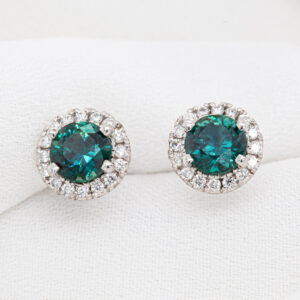 Australian Blue-Green Parti Sapphire Stud Earrings with a Diamond Halo in White Gold by World Treasure Designs