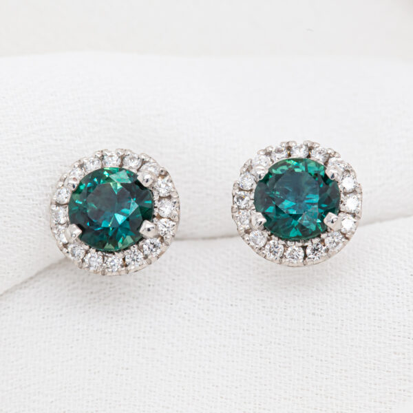 Australian Blue-Green Parti Sapphire Stud Earrings with a Diamond Halo in White Gold by World Treasure Designs