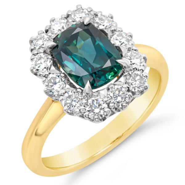 Australian Blue-Teal Sapphire Ring with Halo of Diamonds in Yellow and White Gold by World Treasure Designs