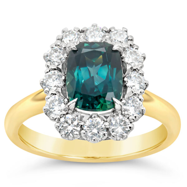 Australian Blue-Teal Cushion Cut Sapphire Ring with Diamond Halo in Yellow and White Gold by World Treasure Designs