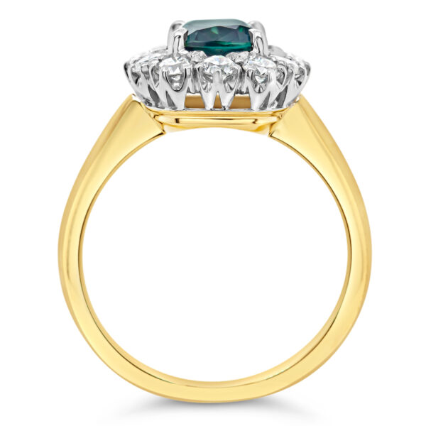 Australian Cushion Cut Blue-Teal Sapphire Ring with Diamond Halo in Yellow and White Gold by World Treasure Designs