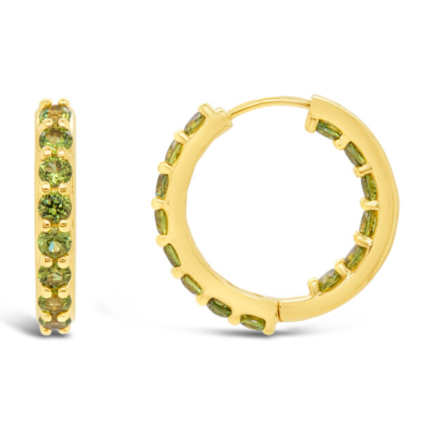 Australian Green Sapphire Hoop Earrings Huggie in Yellow Gold by World Treasure Designs