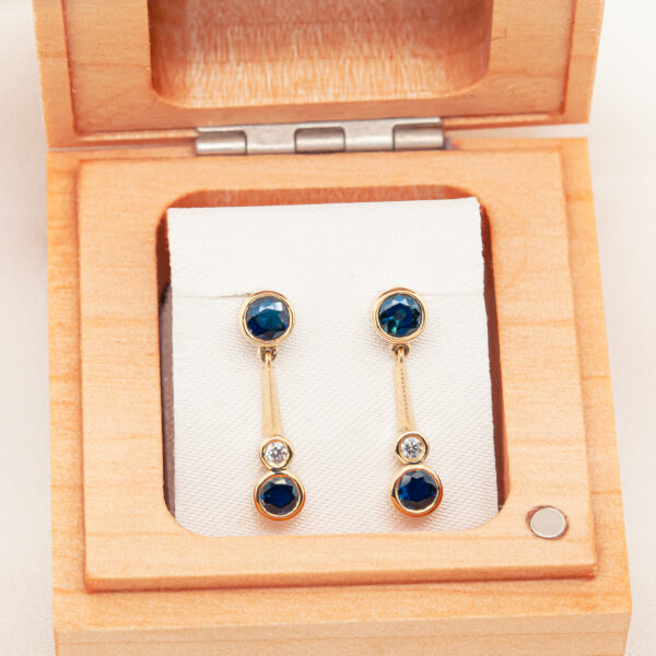 Australian Blue Sapphire Earrings with Diamonds in Yellow Gold by World Treasure Designs
