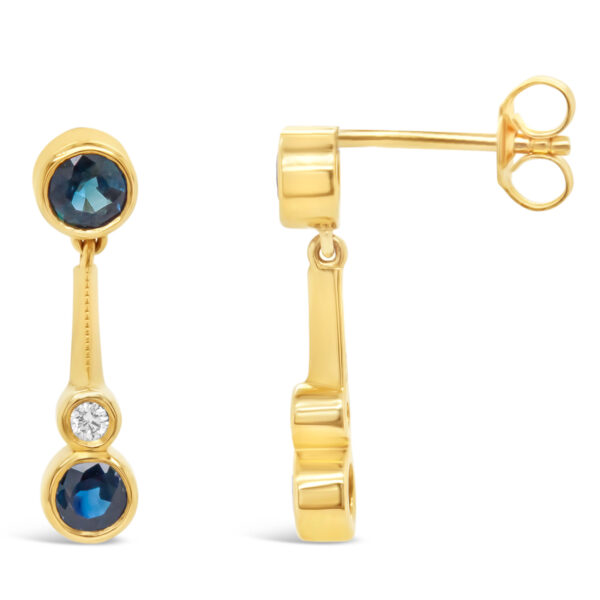 Bezel Set Australian Blue Sapphire and Diamond Earrings in Yellow Gold by World Treasure Designs