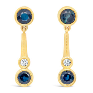 Australian Blue Sapphire and Diamond Bezel Set Earrings in Yellow Gold by World Treasure Designs