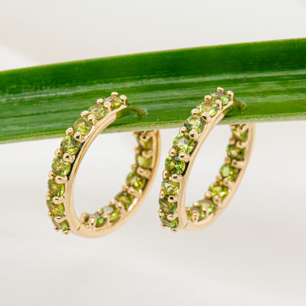 Huggie Hoop Earrings with Australian Green Sapphires in Yellow Gold by World Treasure Designs