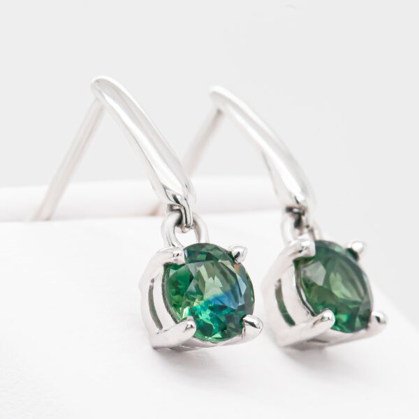 Australian Blue-Green Parti Sapphire Earrings with a Drop Sapphire in White Gold by World Treasure Designs