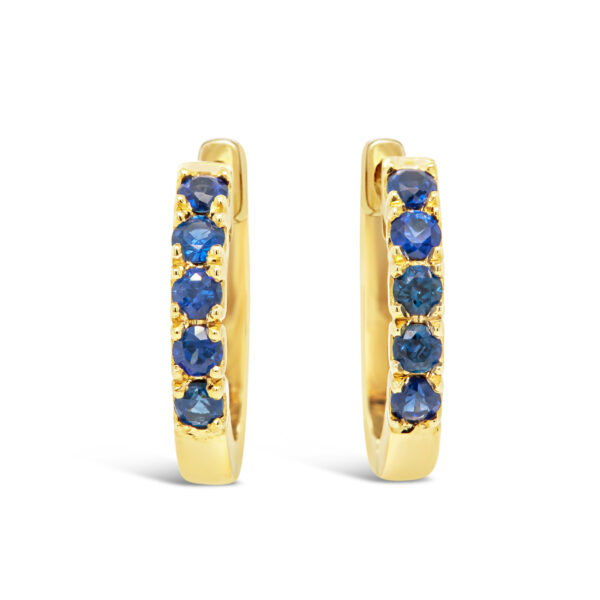 Australian Blue Sapphire Huggie Hoop Earrings in Yellow Gold by World Treasure Designs