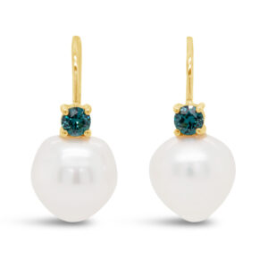 Australian Blue Sapphire and Pearl Earrings in Yellow Gold by World Treasure Designs