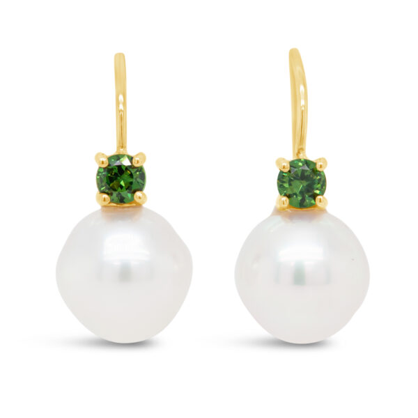 Australian Green Sapphire Earrings with Pearls in Yellow Gold by World Treasure Designs