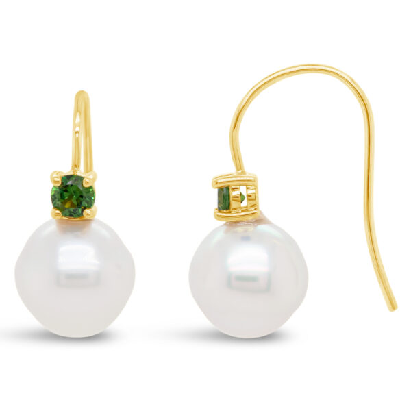 Australian Green Sapphire and Pearl Earrings in Yellow Gold by World Treasure Designs