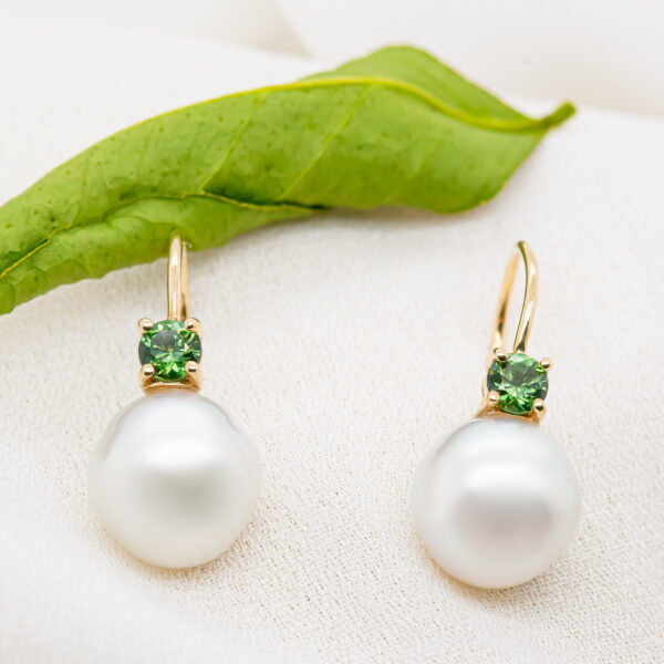 Green Australian Sapphire Earrings with Pearls in Yellow Gold by World Treasure Designs