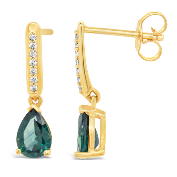 Australian Teal-Blue Parti Pear Cut Sapphire Drop Earrings with Diamonds in Yellow Gold by World Treasure Designs