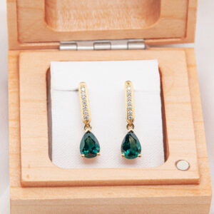 Pear Cut Australian Teal-Blue Parti Sapphire Earrings with Diamonds in Yellow Gold by World Treasure Designs