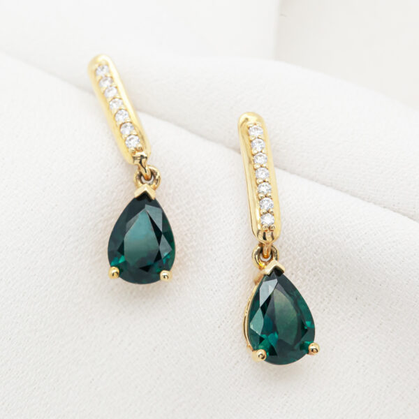 Pear Cut Australian Teal-Blue Parti Sapphire and Diamond Earrings in Yellow Gold by World Treasure Designs
