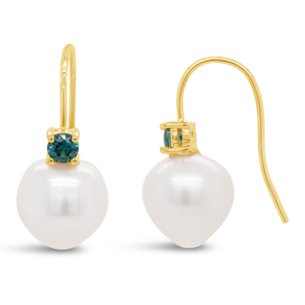 Pearl and Australian Blue Sapphire Earrings in Yellow Gold by World Treasure Designs