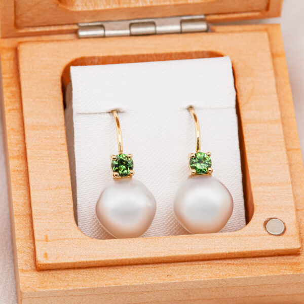 Pearl Earrings with Australian Green Sapphires in Yellow Gold by World Treasure Designs