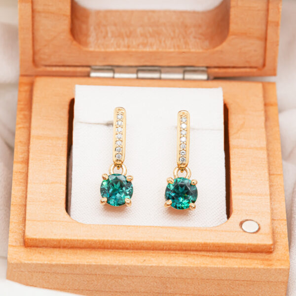 Australian Blue-Teal Sapphire and Diamond Drop Earrings in Yellow Gold by World Treasure Designs