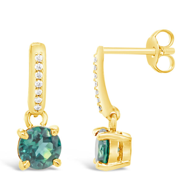 Australian Blue Teal Sapphire and Diamond Earrings in Yellow Gold by World Treasure Designs