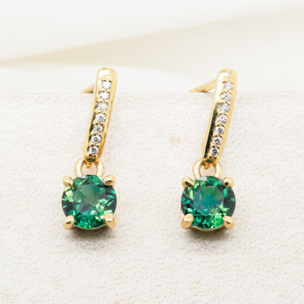 Australian Green-Blue Parti Sapphire and Diamond Earrings Set in Yellow Gold by World Treasure Designs
